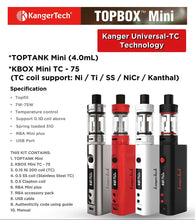 Load image into Gallery viewer, Kanger Topbox Mini Starter Kit 75W Kbox TC Mod w/ Toptank Mini - 4ml
